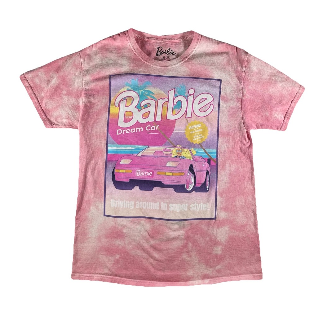 Barbie Dream Car Pink Tie-Dye Graphic‎ T-Shirt Medium Retro Style